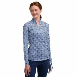 EPNY Ladies Long Sleeve Geometric Print Zip Mock Inky Multi