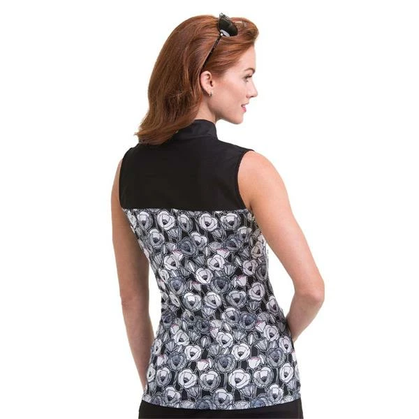 EPNY Ladies Sleeveless Floral Mandarin Collar Polo Black Multi 4 EPNY Ladies Sleeveless Floral Mandarin Collar Polo Black Multi - Image 2