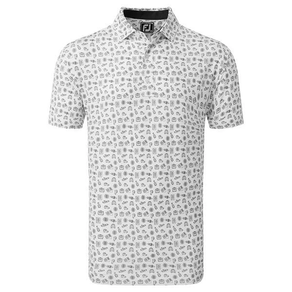 FootJoy Gents Travel Print Lisle Polo Shirt White - Black 3 FootJoy Gents Travel Print Lisle Polo Shirt White - Black
