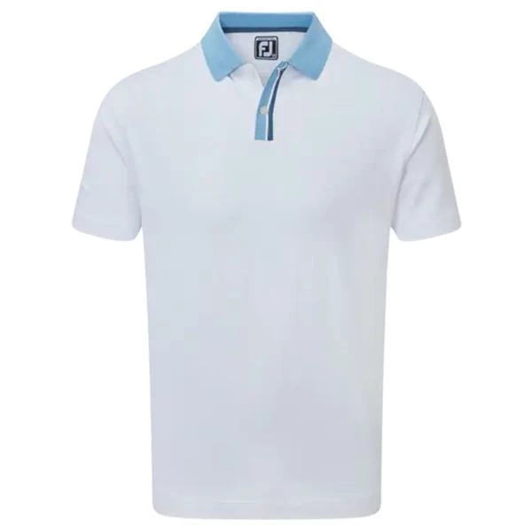 FootJoy Gents Solid Stripe Placket Pique Shirt White - Blue 3 FootJoy Gents Solid Stripe Placket Pique Shirt White - Blue