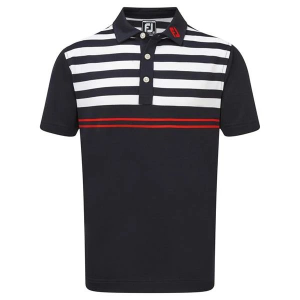 FootJoy Junior Smooth Pique With Graphic Stripes Polo Shirt Navy -White - Scarlet 3 FootJoy Junior Smooth Pique With Graphic Stripes Polo Shirt Navy -White - Scarlet