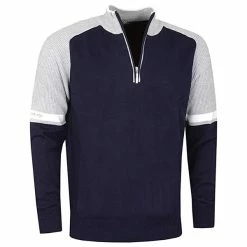 Glenmuir Gents Garnock Zip Neck Water Repellent Cashmere Sweater Navy - Light Grey Marl - White