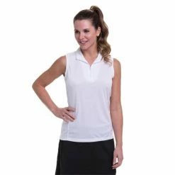 EPNY Ladies Sleeveless Convertible Zip Mock Polo Shirt White