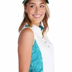 Green Lamb Ladies Erica Sleeveless Print Panels Polo Shirt White - Palm -Cheap Footwear Store P SG21867GREENLAMBSHIRTWHITEPALMLADIES 3 L