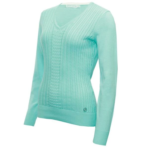 Green Lamb Ladies Gillian Slim Fit V-Neck Cable Sweater Opal 3 Green Lamb Ladies Gillian Slim Fit V-Neck Cable Sweater Opal