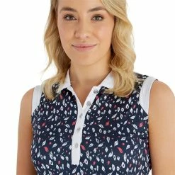 Green Lamb Ladies Marie Printed Sleeveless Polo Shirt Leaf Print -Cheap Footwear Store P SG23963GREENLAMBSHIRTLEAFPRINTLADIES 5 L