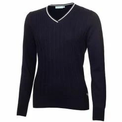 Green Lamb Ladies Madison Cable V-Neck Sweater Navy