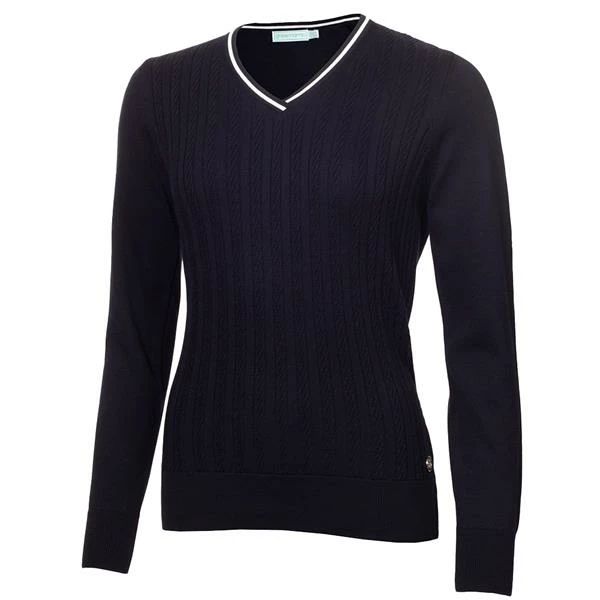 Green Lamb Ladies Madison Cable V-Neck Sweater Navy 3 Green Lamb Ladies Madison Cable V-Neck Sweater Navy